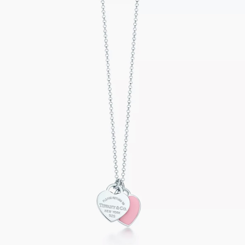 Pink Double Heart Tag Pendant in Silver, Mini